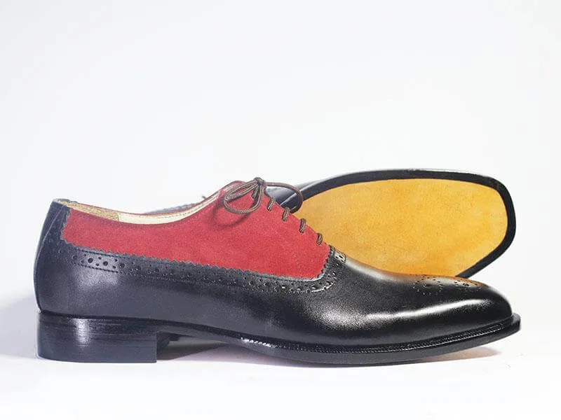 Bespoke Black Red Leather Suede Lace Up Shoe for Men