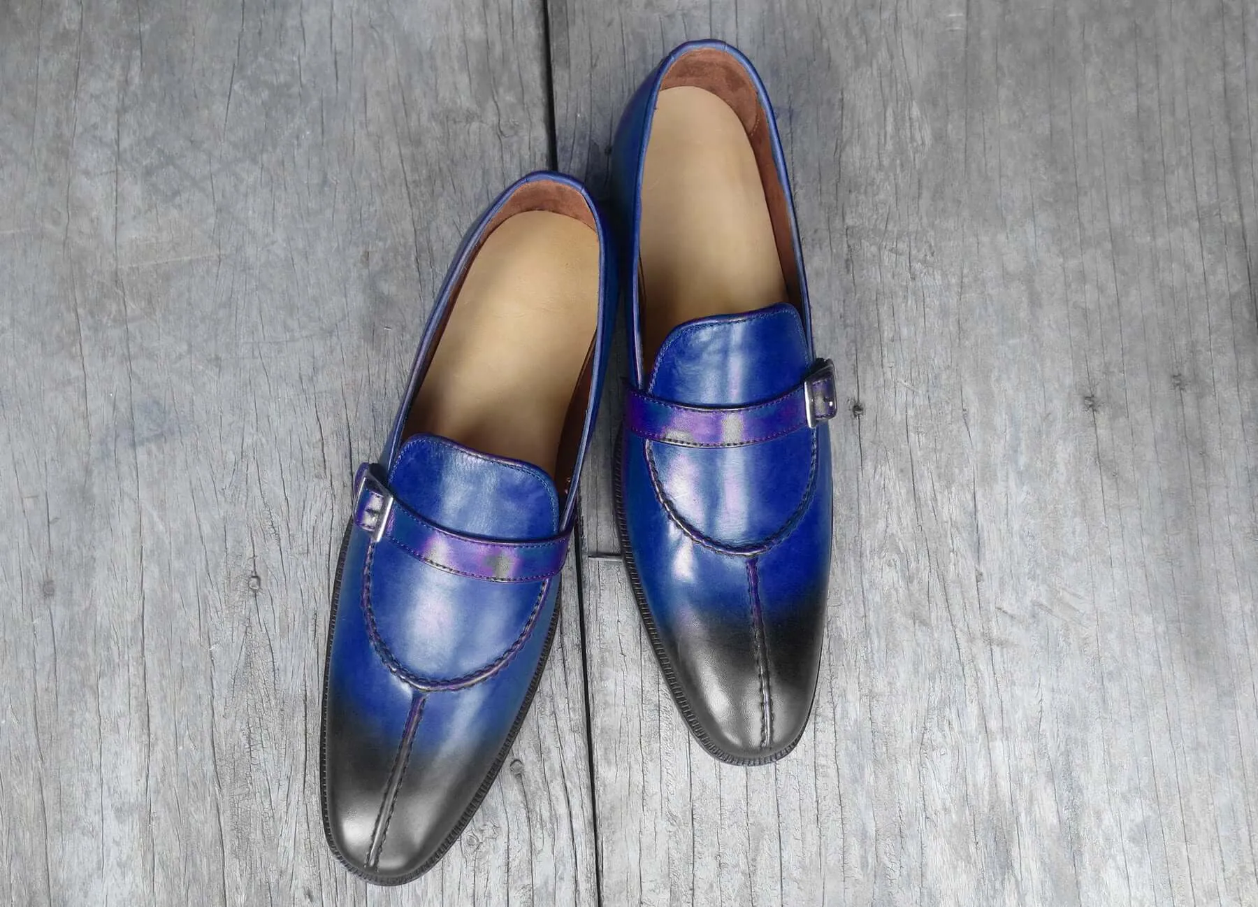 Bespoke Blue & Black Leather Split Toe Monk Strap Shoe for Men