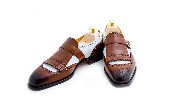 Bespoke Brown & White Leather Fringe Monk Strap Shoe for Men