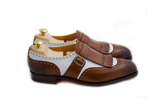 Bespoke Brown & White Leather Fringe Monk Strap Shoe for Men