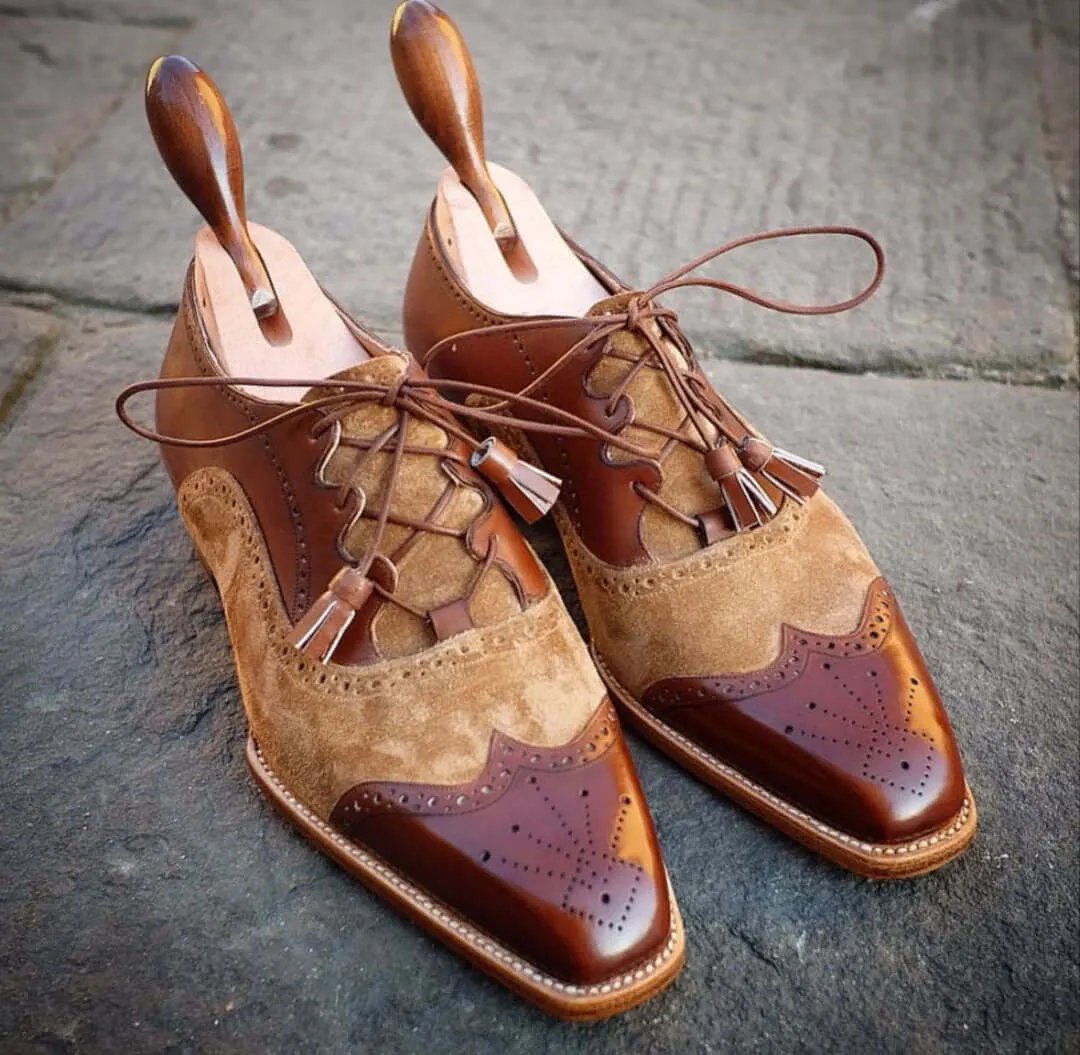 Bespoke Brown Leather Suede Wing Tip Brogue Shoes