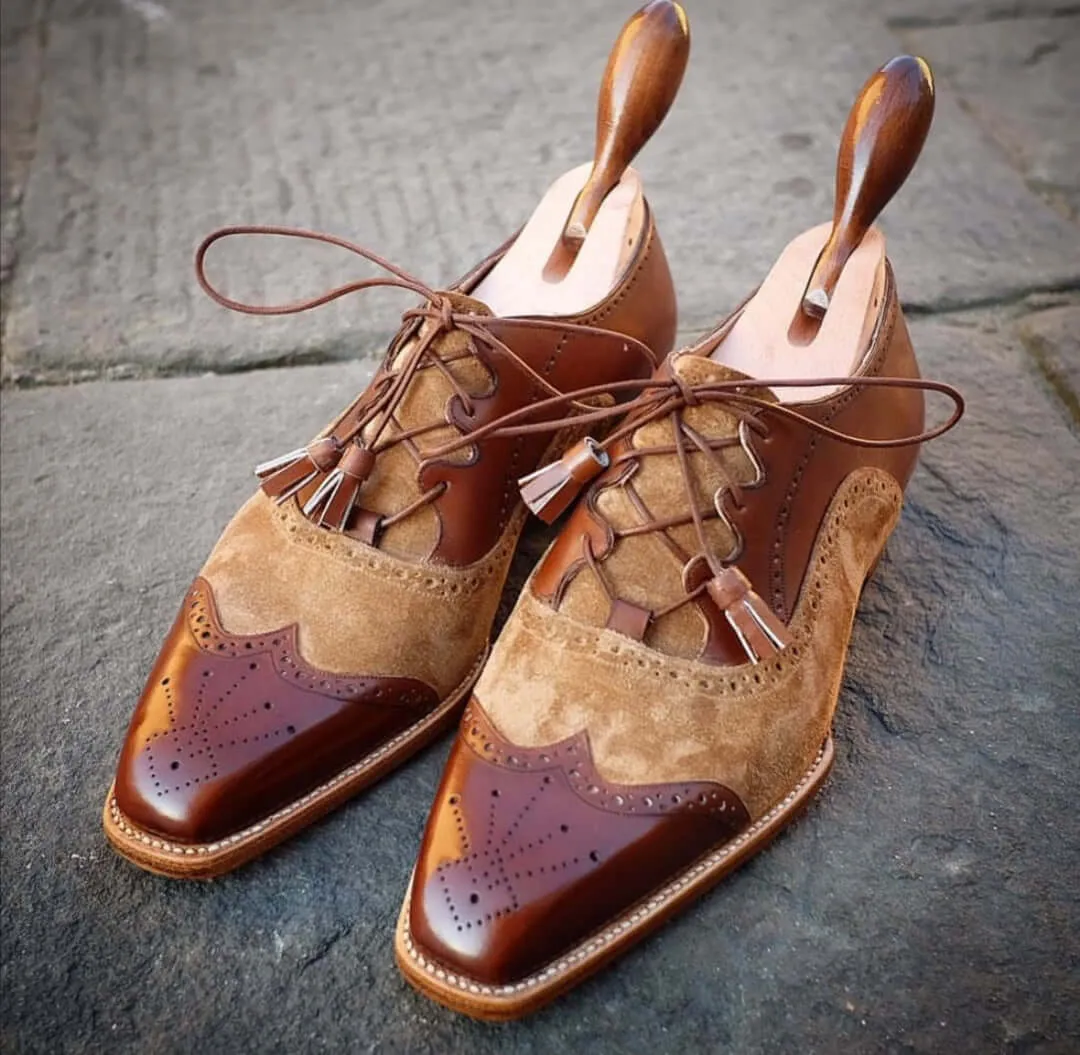 Bespoke Brown Leather Suede Wing Tip Brogue Shoes