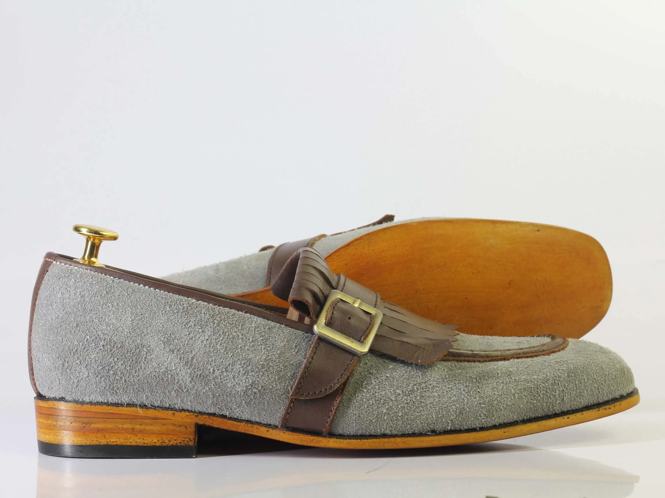 Bespoke Gray Brown Fringe Loafer Suede Monk Strap Shoe for Men