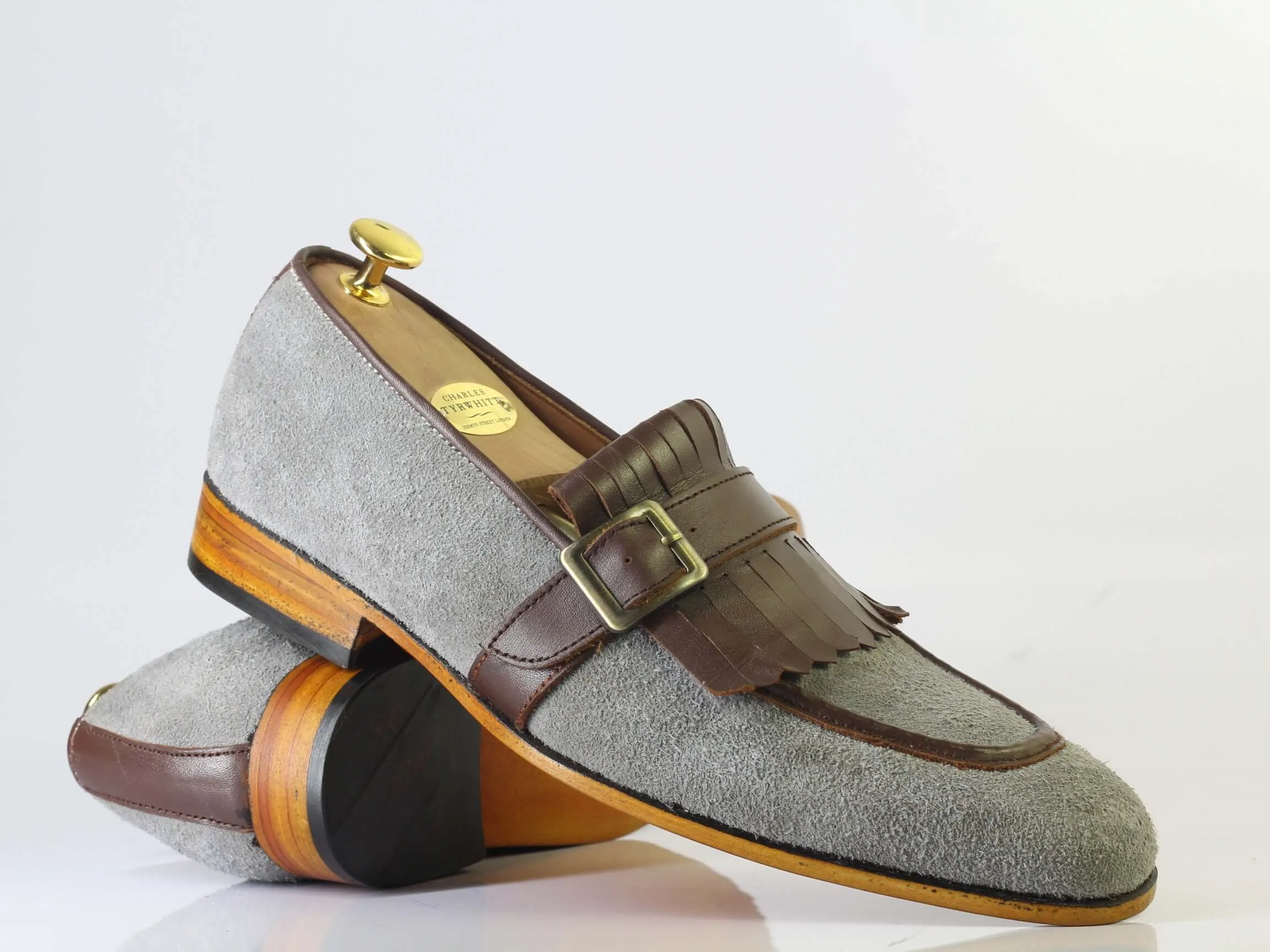 Bespoke Gray Brown Fringe Loafer Suede Monk Strap Shoe for Men