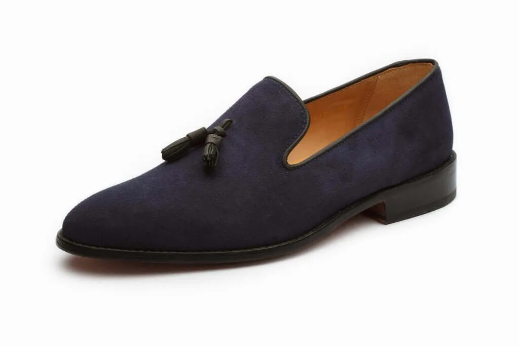 Bespoke Navy Blue Suede Tussle Loafer Shoes