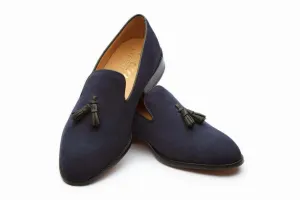 Bespoke Navy Blue Suede Tussle Loafer Shoes