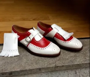 Bespoke Red White Leather Monk Strap Fringe Shoes for Men's