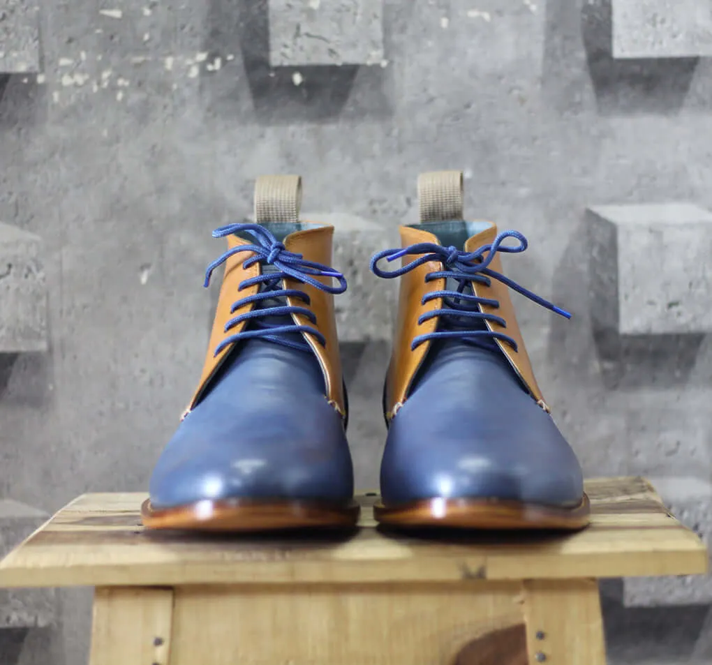 Bespoke Tan Blue Chukka Leather Lace Up Boots