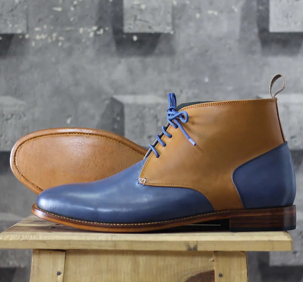 Bespoke Tan Blue Chukka Leather Lace Up Boots