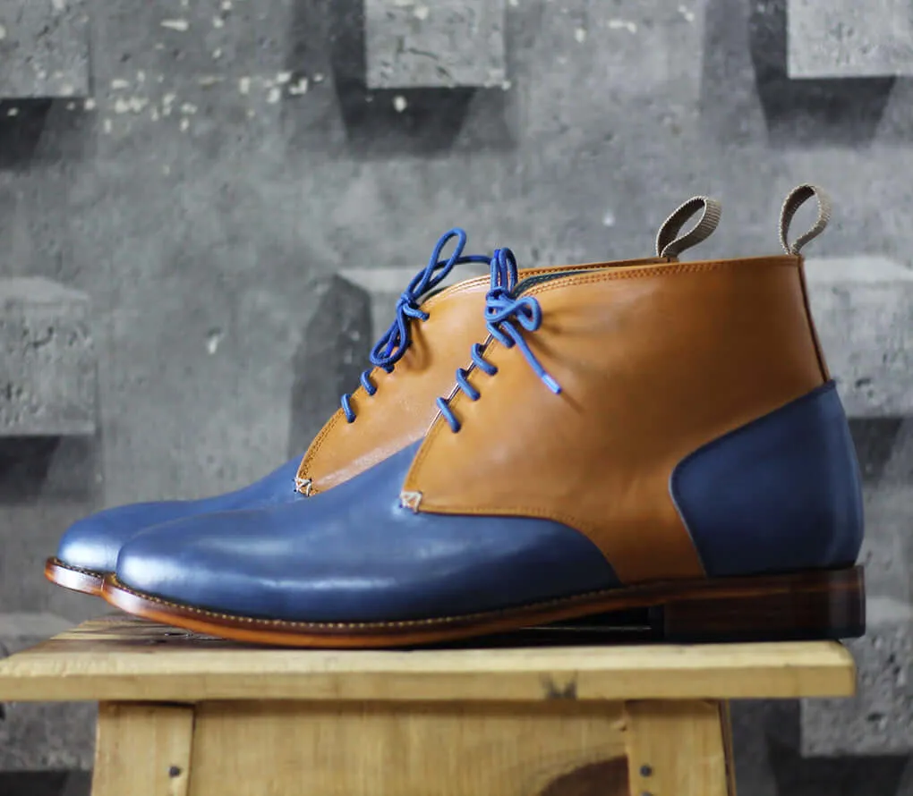 Bespoke Tan Blue Chukka Leather Lace Up Boots