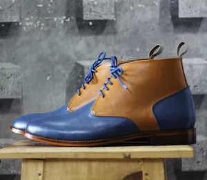 Bespoke Tan Blue Chukka Leather Lace Up Boots