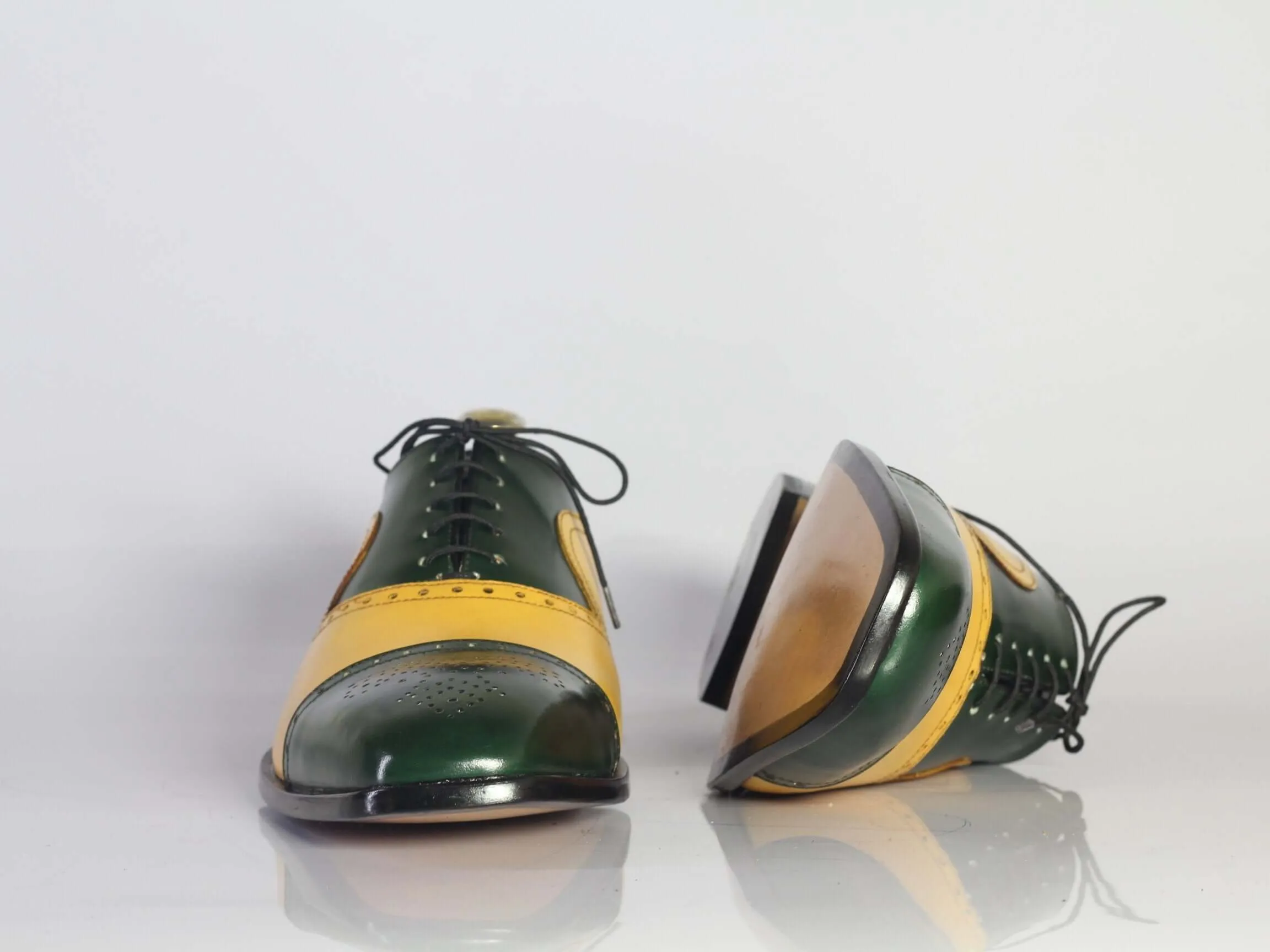 Bespoke Yellow Green Leather Cap Toe Lace Up Shoes for Men's