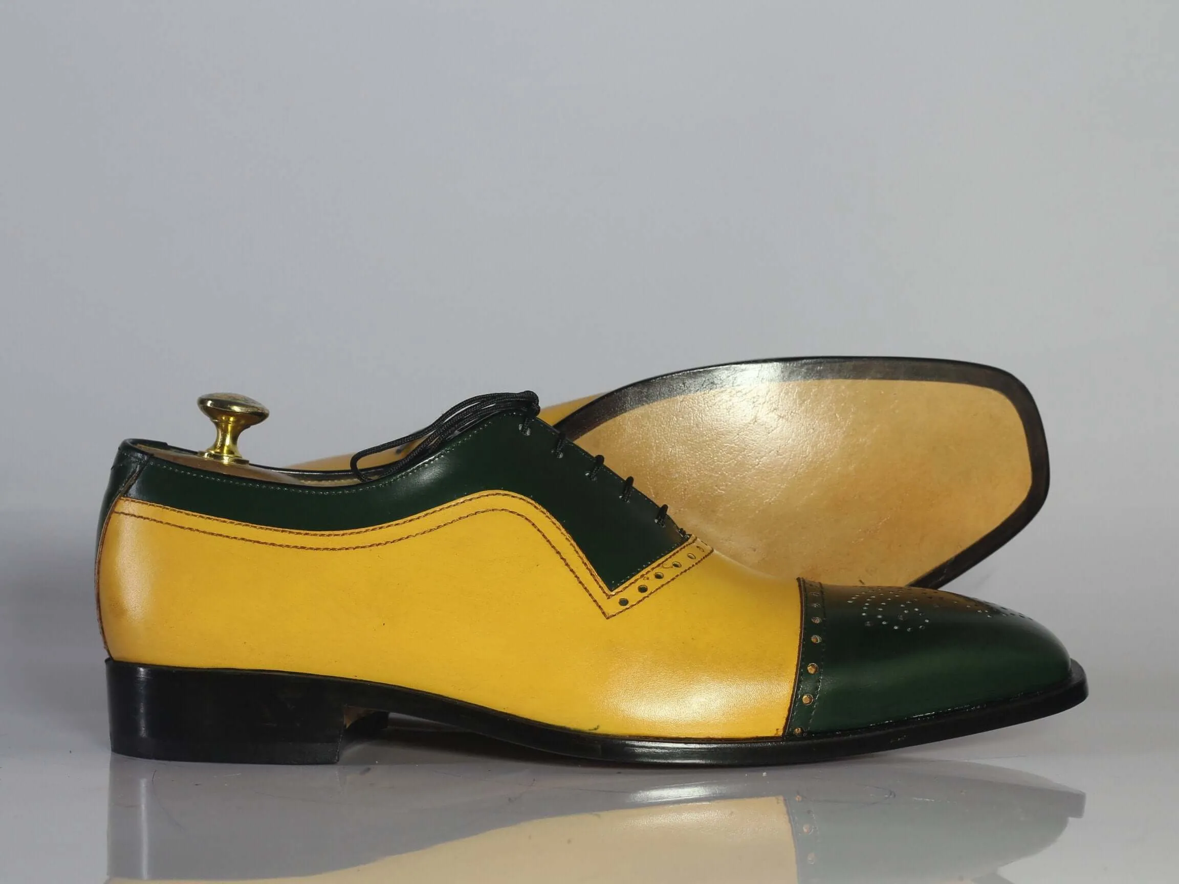 Bespoke Yellow Green Leather Cap Toe Lace Up Shoes for Men's