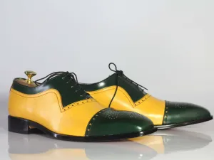 Bespoke Yellow Green Leather Cap Toe Lace Up Shoes for Men's