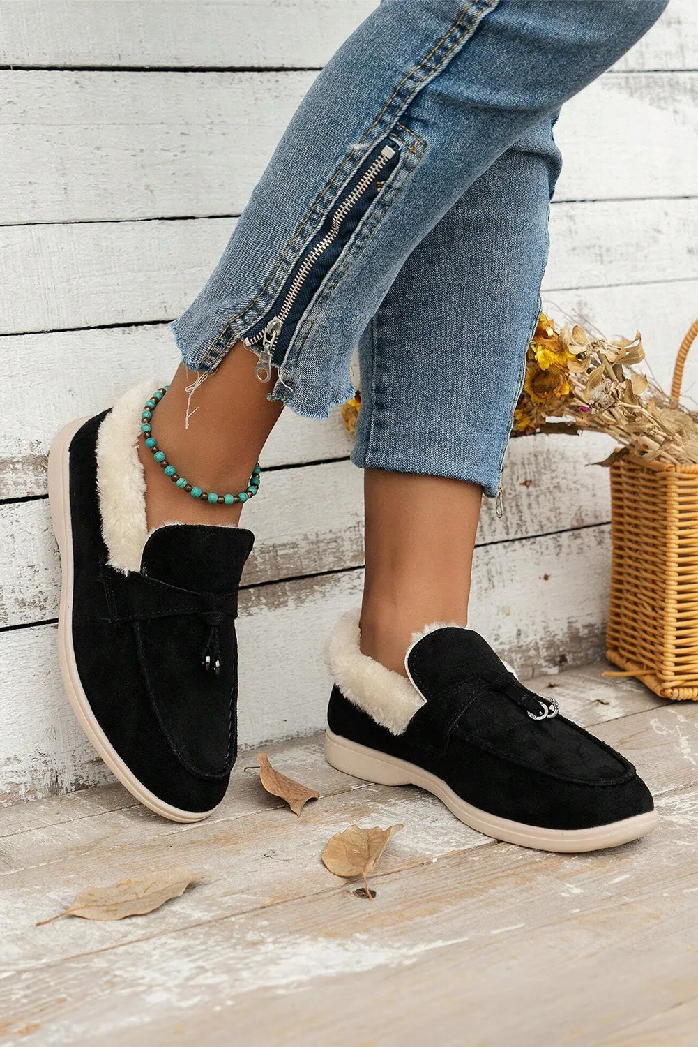 Black Suede Furry Lined Slip On Flat Shoes