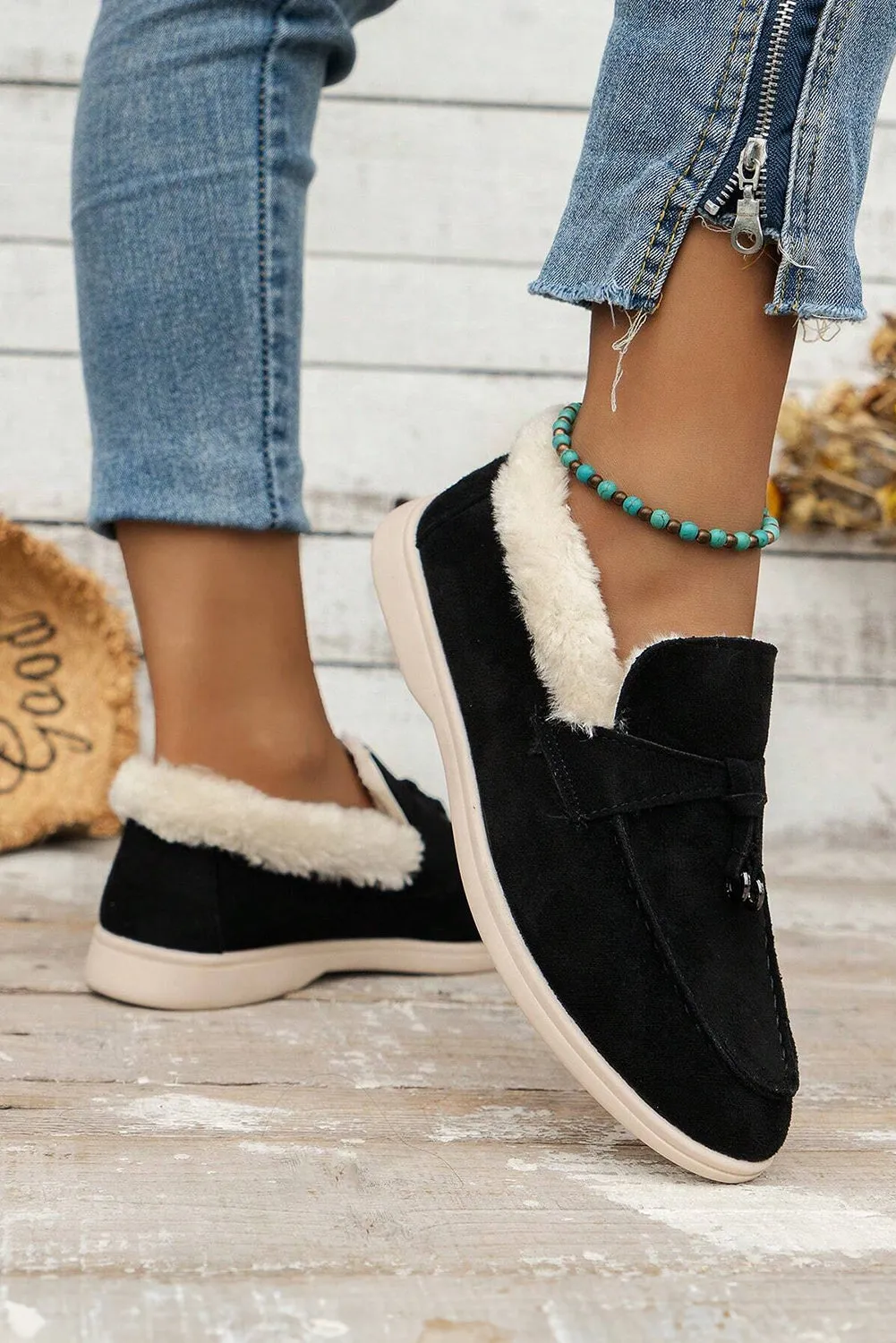 Black Suede Furry Lined Slip On Flat Shoes