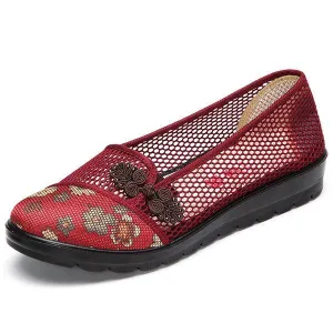 Flower Chineseknot Vintage Retro Mesh Breathable Slip On Flat Shoes