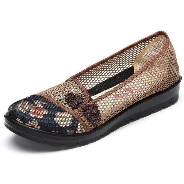 Flower Chineseknot Vintage Retro Mesh Breathable Slip On Flat Shoes