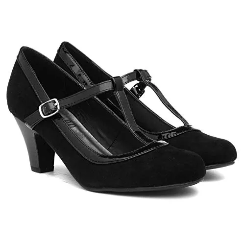 Lilley Womens Black Faux Suede T Bar Court Shoe