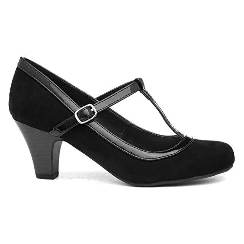 Lilley Womens Black Faux Suede T Bar Court Shoe