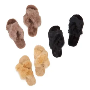 PLUSH VEGAN FUR CROSS BAND SLIPPER